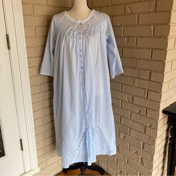 Eileen West Gown Long Nightgown Pockets White Blue Floral Lace Bow Cottage XS - Picture 1 of 10